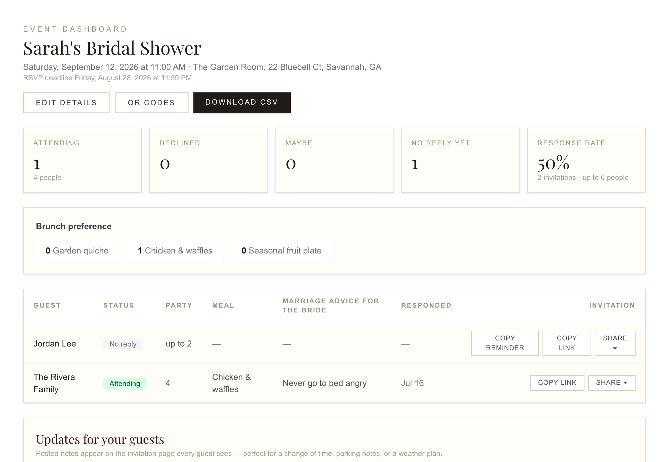 The Soirée event dashboard showing RSVP totals, meal tallies, the guest list with share buttons, and guest updates for a bridal shower