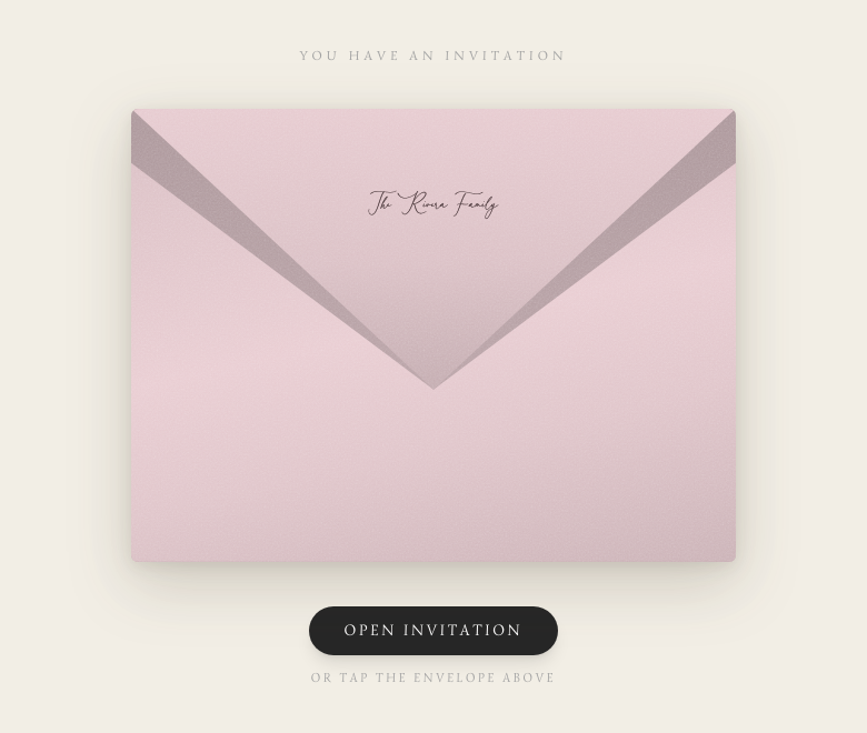A sealed blush envelope addressed to The Rivera Family with an Open Invitation button